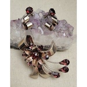 Vintage Sterling Purple Rhinestone Flower Bow Ribbon Brooch Pin Earring Set